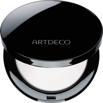 ARTDECO No Color Setting Powder w czarnym, błyszczącym opakowaniu, otwarty, ukazujący transparentny puder.