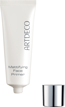 ARTDECO Mattifying Face Primer 25ml, biała tubka bazy matującej, widok z przodu, odkręcona srebrna zakrętka.