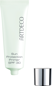 ARTDECO Sun Protection Primer SPF 30 w miętowej tubce, obok leży srebrna zakrętka, widok z przodu.