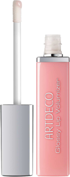 Różowa butelka ARTDECO Glossy Lip Volumizer, aplikator z jasnoróżowym błyszczykiem poza opakowaniem.