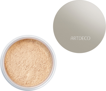 Sypki podkład mineralny Artdeco Light Beige: otwarty słoiczek z pudrem i osobna, srebrzysta okrągła pokrywka.