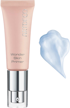 Artdeco Wonder Skin Primer, różowa tuba z srebrną pompką, obok jasnoniebieska kropla wygładzającej bazy.