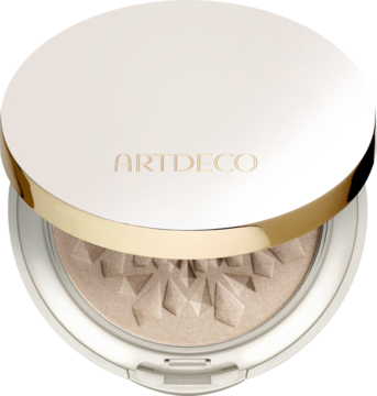 Rozświetlacz ARTDECO Glow Powder do twarzy, otwarty, perłowe opakowanie ze złotym zdobieniem, puder o strukturze kryształów.