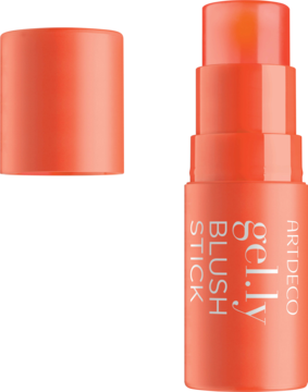 Artdeco Gel.ly Blush Stick, pomarańczowy żelowy róż w sztyfcie, otwarty, formuła reaguje na pH skóry.