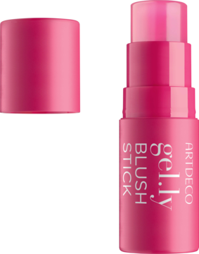 Fuksjowy róż w sztyfcie Artdeco Gel.ly Blush Stick, otwarta tubka z wysuniętym produktem, widok z przodu.