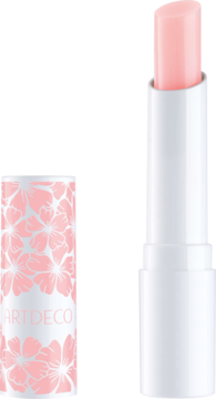 Artdeco Color Booster Lip Balm Pink, otwarty, z różowym wkładem. Biała tubka i nasadka z kwiatami.