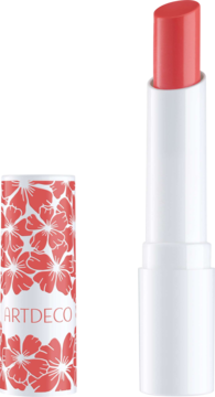 Artdeco Color Booster Lip Balm Coral, otwarta sztyftowa tuba z koralowym balsamem i białą nasadką w kwiaty.