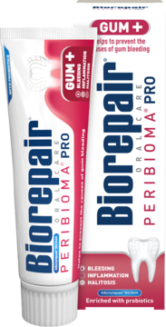 Biorepair Peribioma Pro Gum+ pasta do zębów z probiotykami. Biała tuba i pudełko na krwawiące, stan zapalny dziąseł.
