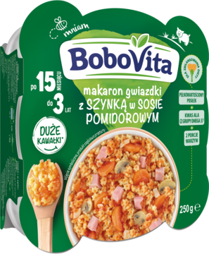 Zielone opakowanie BoboVita, makaron gwiazdki z szynką w sosie pomidorowym, duże kawałki, z Omega 3, dla 15m+.