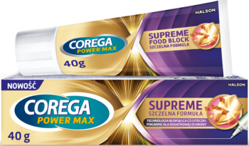 Corega Power Max Supreme Szczelna Formuła 40g krem do protez w złoto-fioletowej tubce i pudełku, widok z przodu.
