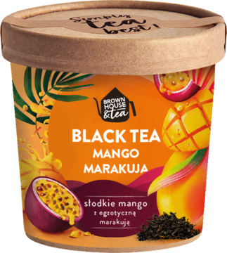 Pojemnik Brown House & Tea Black Tea Mango Marakuja, pomarańczowy, z grafiką mango, marakui i liści, widok z przodu.
