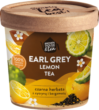 Brązowa tubka herbaty Brown House & Tea Earl Grey Lemon z grafiką cytryn i bergamotki, widok z przodu.