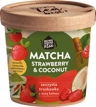 Frontalny widok okrągłego kubka Brown House & Tea Matcha Strawberry & Coconut. Zielono-biała etykieta z truskawkami i kokosem.