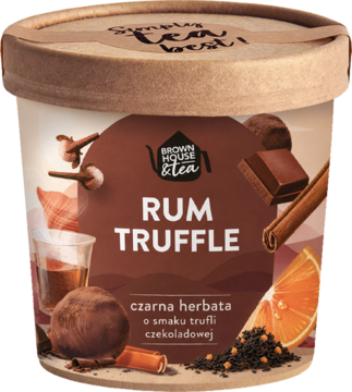 Brązowy kubek herbaty Brown House & Tea Rum Truffle. Czarna herbata z truflą czekoladową, cynamonem i pomarańczą.