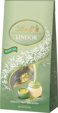 Lindt Lindor Matcha praliny w zielonym opakowaniu ze złotym logo, widok z przodu, z oknem na pralinki.