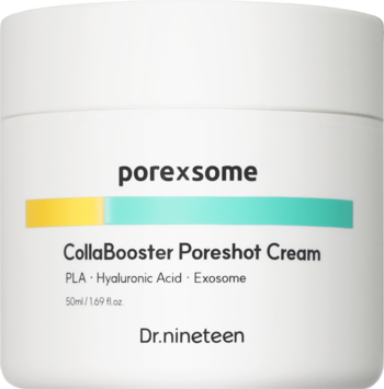 Krem Dr.nineteen CollaBooster Poreshot 50ml do twarzy, z egzosomami, w białym słoiku, widok z przodu.