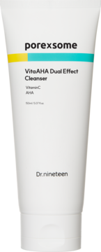 Biała tubka porexsome VitaAHA Dual Effect Cleanser Dr.nineteen 150ml, z żółto-turkusowym paskiem.
