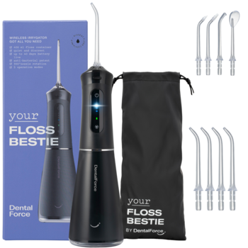 Zestaw bezprzewodowy irygator DentalForce Floss Bestie, czarny, pudełko, etui, 8 końcówek.
