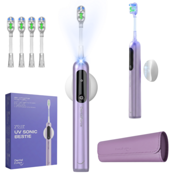 Fioletowa szczoteczka soniczna UV Bestie, zestaw z 4 końcówkami, etui i pudełkiem, widok z przodu, światło UV.