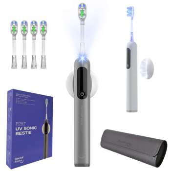 Szara szczoteczka soniczna z lampą UV, 4 wymiennymi końcówkami, etui i fioletowym pudełkiem. Zestaw produktu.