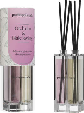 Dyfuzor dwukomorowy Pachnąca Szafa Orchidea & Białe kwiaty, różowo-zielone komory, czarne patyczki i opakowanie.