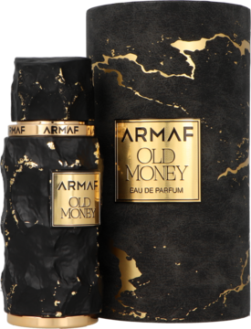 Armaf Old Money męska woda perfumowana EDP, butelka i pudełko z czarnego marmuru ze złotymi żyłami.