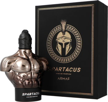 Armaf Spartacus męskie perfumy, flakon w kształcie brązowego torsu, obok czarne pudełko z złotym hełmem. Widok z przodu.