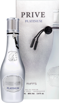 Riiffs Prive Platinium Silver 100ml męskie perfumy, srebrna butelka i teksturowane białe pudełko, widok przód.