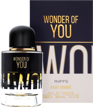 Riiffs Wonder Of You Men 100ml. Złoto-czarny flakon na tle granatowego pudełka ze złotym logo, przód.