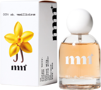 Perfumy Milky Mane 003 Oh, Vanillicious. Białe pudełko, butelka, zapach waniliowo-kokosowy, widok z przodu.