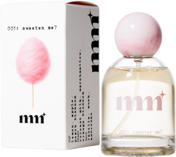 Perfumy Milky Mane 005: Sweeten Me? butelka z różowym korkiem i białe pudełko z watą cukrową, widok z przodu.