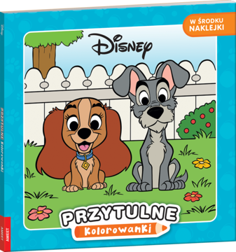 Kolorowanka Disney Lady i Tramp. Okładka: wesoła brązowa Lady i szary Tramp siedzący w zielonym ogrodzie, w zestawie naklejki.