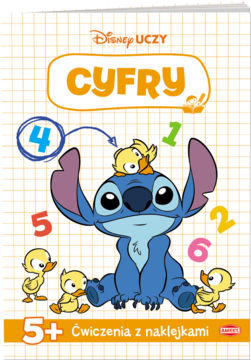 Ćwiczenia Disney Cyfry 5+ z naklejkami, okładka ze Stichem, kaczuszkami i cyframi 1-6 na tle kratki.