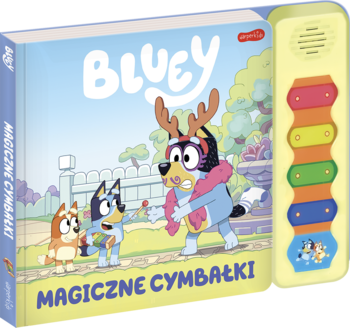 Książka dźwiękowa Bluey Magiczne Cymbałki z bohaterami i panelem z cymbałkami, widok z przodu.