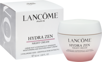 Lancôme Hydra Zen Night Cream, biało-różowy słoik i kartonik, widok z przodu. Nawilżający krem na noc z kwasem hialuronowym.