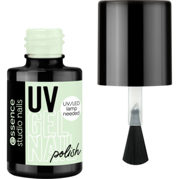 Butelka lakieru żelowego essence studio nails UV GEL NAIL 215 Pistachio Gelato i pędzelek. Jasnozielony kolor.