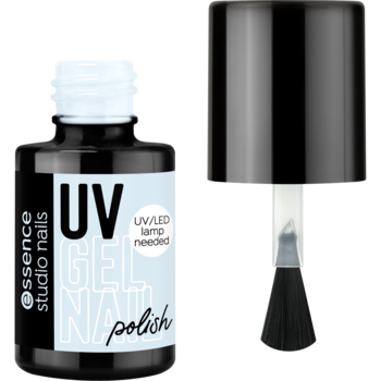 Żelowy lakier essence UV GEL NAIL w pastelowym błękicie. Widok buteleczki i aplikatora z pędzelkiem.