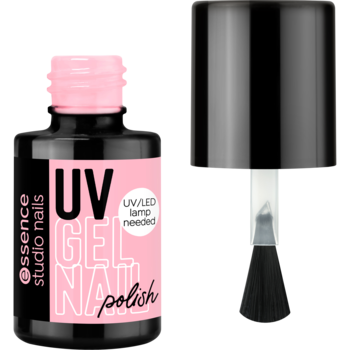 Lakier żelowy Essence UV GEL NAIL 217 Blush w czarnej butelce, różowa nakrętka z pędzelkiem obok.