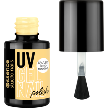 Żelowy lakier Essence Studio Nails UV GEL NAIL 218 Buttercream Dream, pastelowy żółty, z widocznym pędzelkiem.