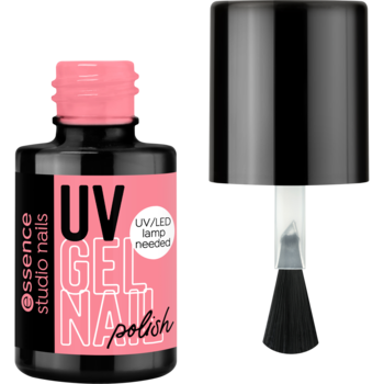 essence UV GEL NAIL 219 Strawberry Milkshake, mleczny róż, butelka z otwartym aplikatorem, napis UV/LED.