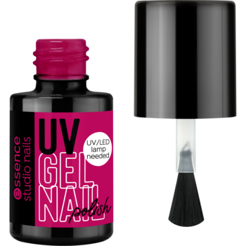 Lakier Essence UV GEL NAIL w czarnej butelce z fuksjową etykietą, obok pędzelek aplikatora; wymaga lampy UV/LED.