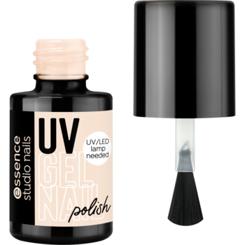 Beżowy lakier żelowy UV essence studio nails Melting For Marshmallows, otwarta butelka z pędzelkiem.
