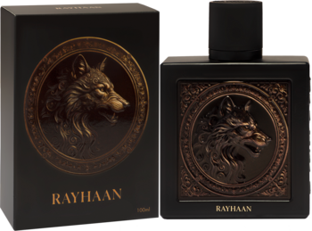 Woda perfumowana męska Rayhaan Wolf w czarnej butelce i pudełku ze złotą głową wilka, widok z przodu.