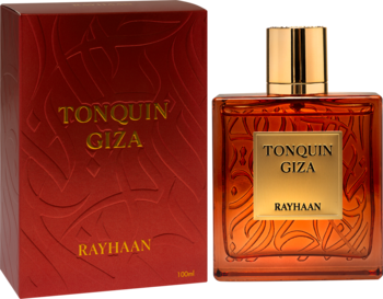 Rayhaan Tonquin Giza unisex EDP: bursztynowa, wzorzysta butelka ze złotą etykietą i pasujące czerwone pudełko.