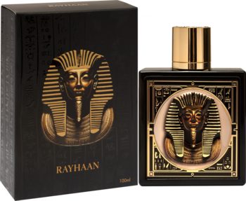 Woda perfumowana unisex Rayhaan Pharaoh, czarna butelka ze złotą maską faraona, obok pasujące pudełko.