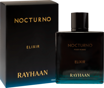 Woda perfumowana Rayhaan Nocturno Elixir dla mężczyzn, czarno-turkusowa butelka i pudełko ze złotymi napisami, widok z przodu.