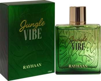 Woda perfumowana unisex Rayhaan Jungle Vibe. Zielona butelka z tłoczonym wzorem, złotym korkiem i pudełkiem.
