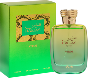Rasasi Hawas Verde męska woda perfumowana. Gradientowa butelka i zielone pudełko ze złotym wężowym wzorem.