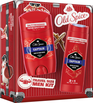 Czerwony zestaw podróżny Old Spice Captain dla mężczyzn: dezodorant i żel 3w1, na tle walizki.