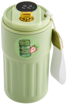Kubek termiczny 380ml, matcha zielony, widok z przodu. Ma cyfrowy wyświetlacz, złoty przycisk i sticker z koktajlem truskawkowym.